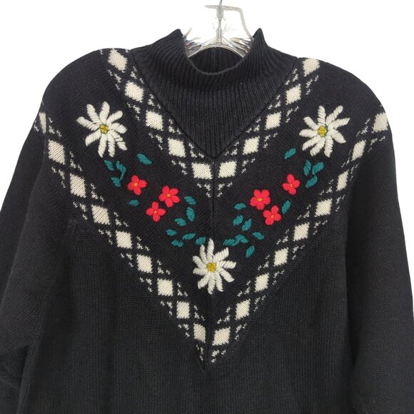 Vintage Honors Misses Sweater Women’s L Black White Floral Embroidered Argyle - Picture 4 of 12